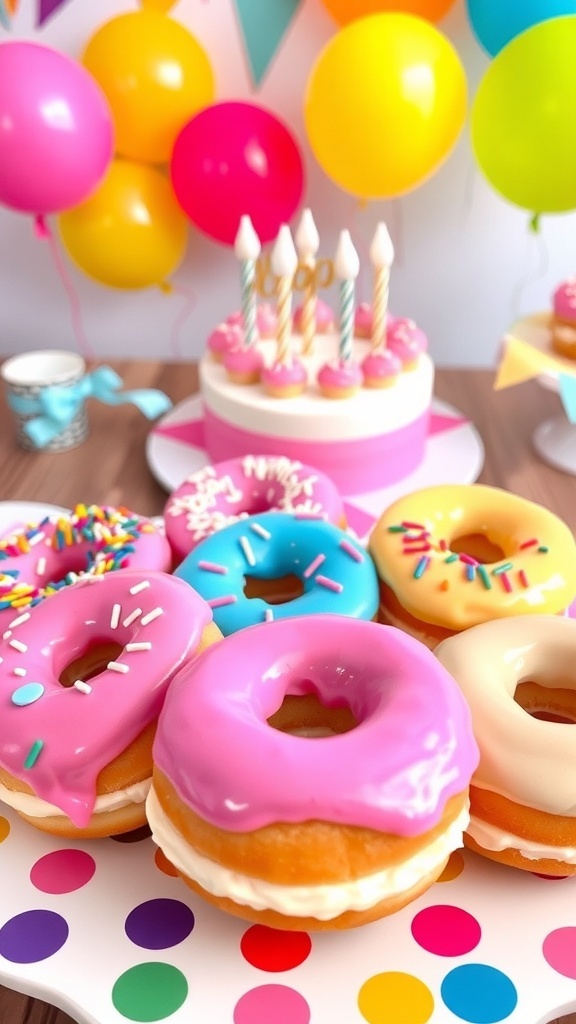 An array of decorated birthday donuts with colorful glazes and sprinkles on a festive plate.